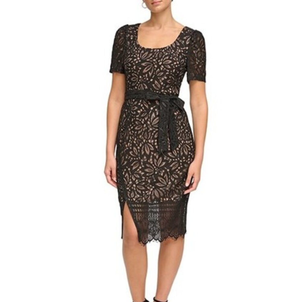 Kensie Lace Scoop Neck Short Puffed Sleeve Sheath Dress  Size 14